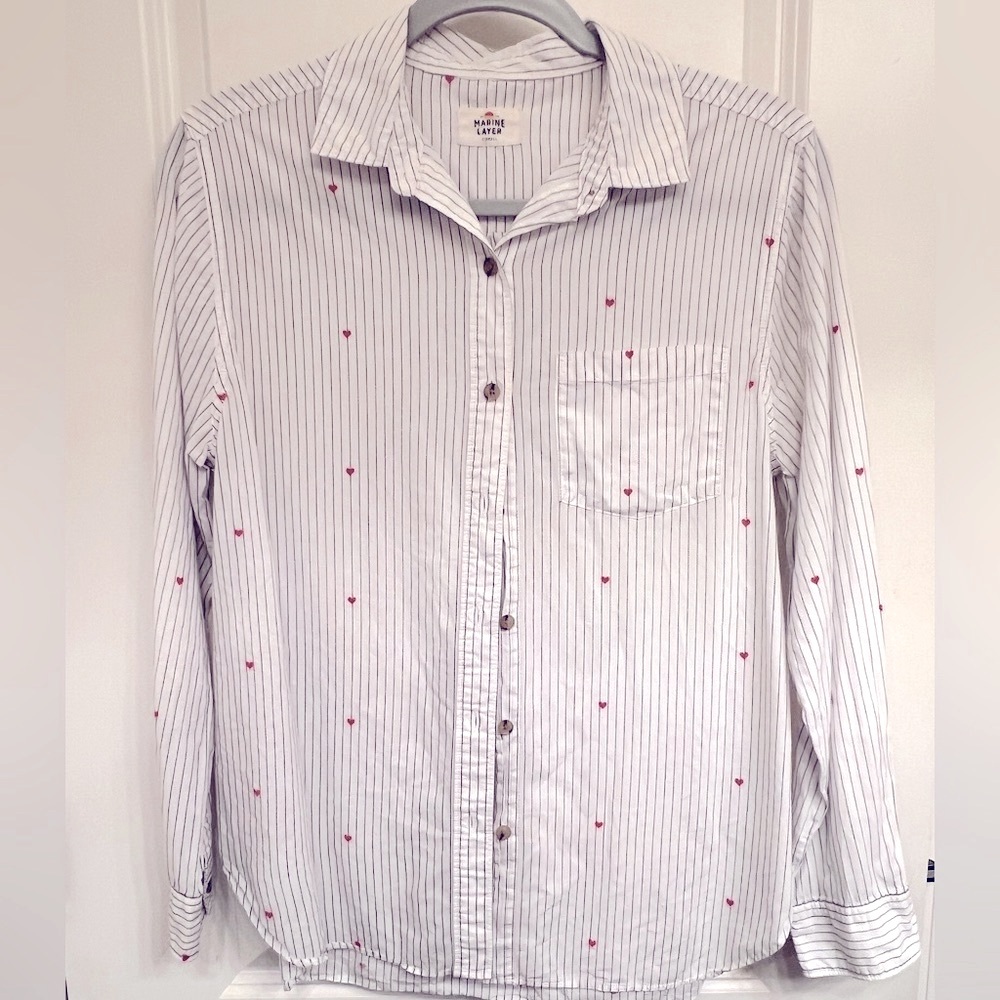 Marine Layer White Shirt with Black Stripes and Red Details